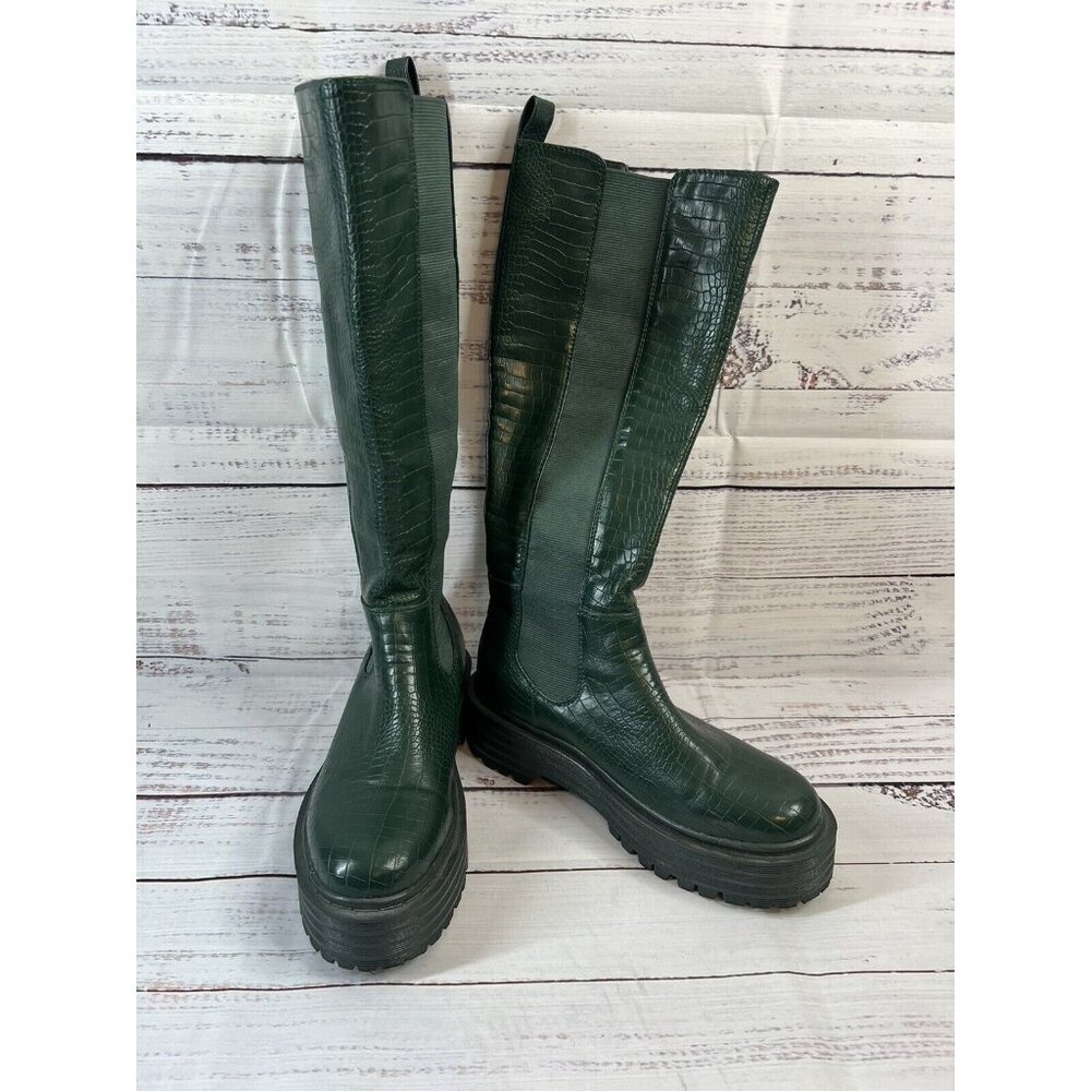 AZALEA WANG Knee High THE RIDING CROC Vegan Green Leather Boots SUE 7.5 Grunge - Picture 2 of 13